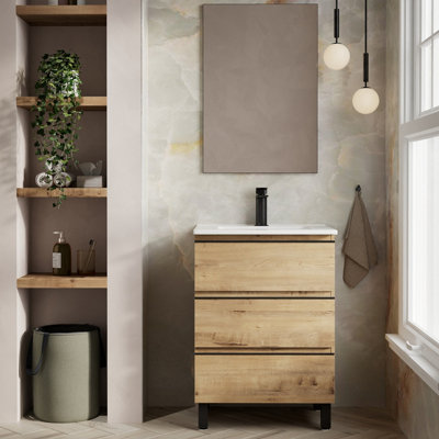 Banyetti Black Vatilla 600 Floorstanding Vanity Unit With Lira Basin - Ostippo Oak