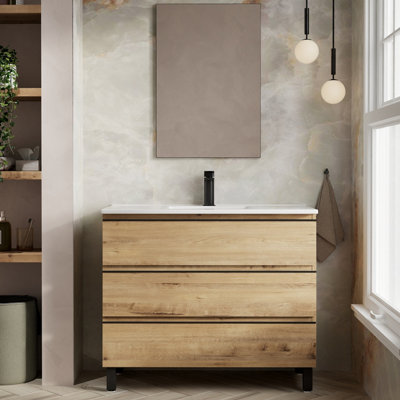 Banyetti Black Vatilla 1000 Floorstanding Vanity Unit With Lira Basin - Ostippo Oak
