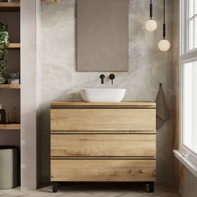 Banyetti Vatilla 1000mm Floorstanding Vanity Unit With Matching WorktopOstippo Oak from B&Q