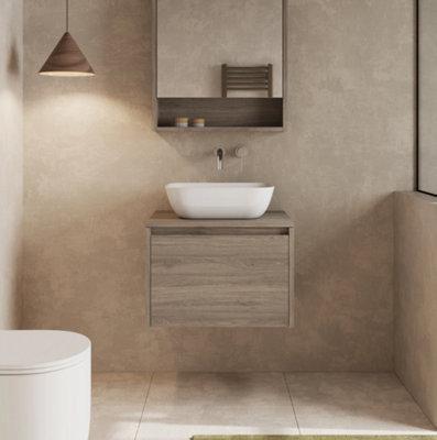 Banyetti Mino 600mm Wall Hung Vanity Unit With Matching WorktopNebraska Oak from B&Q