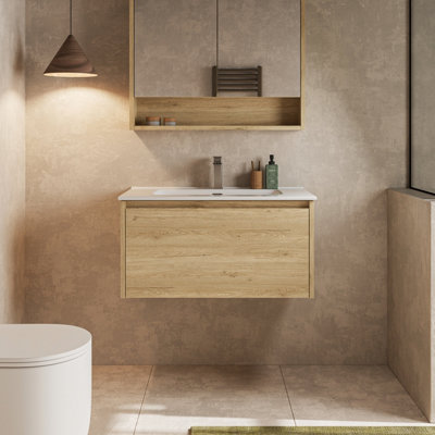 Banyetti Mino 800mm Wall Hung Vanity Unit With Athena BasinNatural Oak from B&Q
