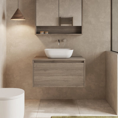 Banyetti Mino 800mm Wall Hung Vanity Unit With Matching WorktopNebraska Oak from B&Q