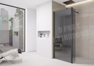 D Pro T Bathrooms Grey Tint Shower Wetroom Screen 700mm With 300mm Flipper Panel Black Trim from B&Q