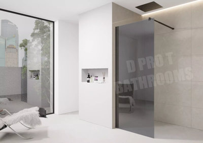 D Pro T Bathrooms Grey Tint Shower Wetroom Screen 900mm Black Trim from B&Q