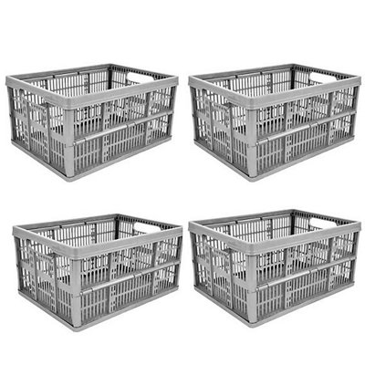 4 Pack 32L Foldable Plastic Storage Crate BoxesGrey from B&Q