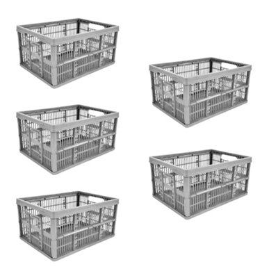 5 Pack 32L Foldable Plastic Storage Crate BoxesGrey from B&Q