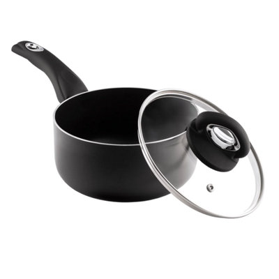  - 16Cm Non-Stick Sauce Pan With Glass Lid Aluminium Cookware For All Hob Types