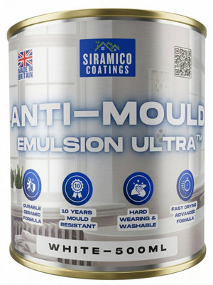 Siramico Coatings White Anti Mould Paint Ultra, Brilliant Matt Finish Emulsion Paint For Bathrooms, Kitchens, Walls 500Ml