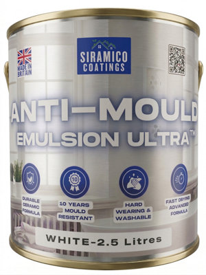 Siramico Coatings White Anti Mould Paint Ultra, Litres Brilliant Matt Finish 10 Year Anti Mould Protection Emulsion Size 2.5