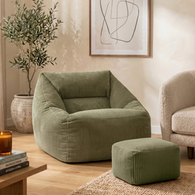 icon Natalia Large Beanbag And Pouffe Set Corduroy Sage Green from B&Q
