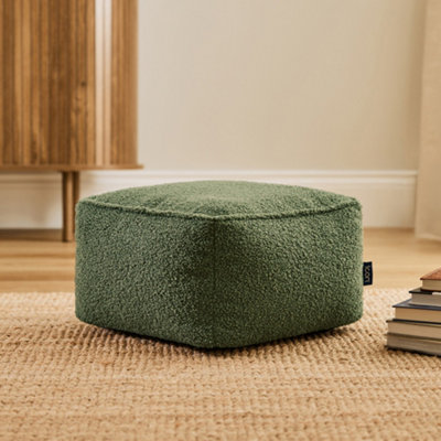 B&Q -  Amara Bouclé Square Footstool Bean BagOlive Green