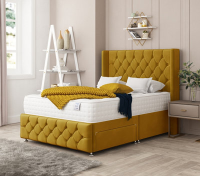 Bed Choices Elena Plush Velvet Divan Bed With Mattress26" Headboard & 2 Storage DrawersSingle (Mustard) from B&Q