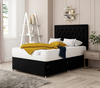 Bed Choices Montana Plush Velvet Divan Bed With Mattress26" Headboard & 4 Storage Drawers Double (Black) from B&Q