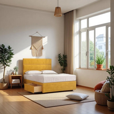 Knight Sleep York  Mustard Plush 3Ft Hybrid Sprung Orthopaedic Divan Bed Set No Drawers With Upholstered HeadboardSingle from B&Q
