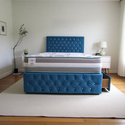 Knight Sleep Delaware Navy Plush 5Ft Princess Sprung Divan Bed Set With Mattress2 Drawers & Headboard-King from B&Q