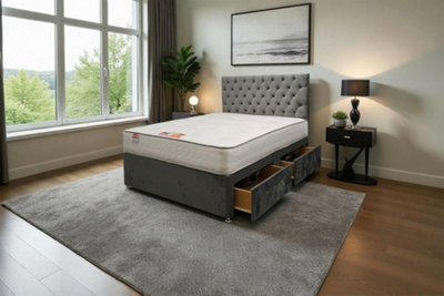 Knight Sleep Athens Charcoal Plush 4Ft6 Bed Set With Mattress, 2 Drawers Same Side & 24"Headboard - Double