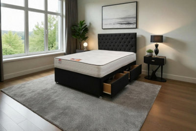 Knight Sleep Athens Plush 2Ft6 Bed Set With Mattress, 2 Drawers Same Side & 24"Headboard - Small Single Black