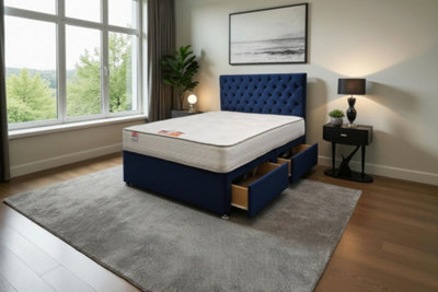 Knight Sleep Athens Navy Plush Bed Set With Mattress, 2 Drawers Same Side & 24"Headboard - King 5Ft