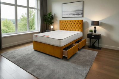 Knight Sleep Athens Mustard Plush Bed Set With Mattress, 2 Drawers Same Side & 24"Headboard - King 5Ft
