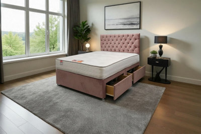 Knight Sleep Athens Plush 4Ft6 Bed Set With Mattress, 2 Drawers Same Side & 24"Headboard - Double Pink