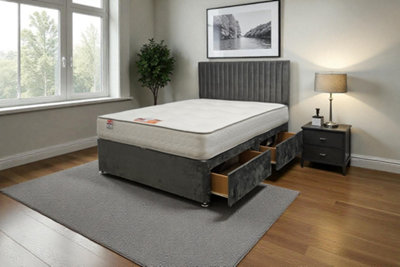 Knight Sleep Grey Emily Plush Bed Set With Mattress, 2 Drawers Same Side & 24"Headboard - King 5Ft