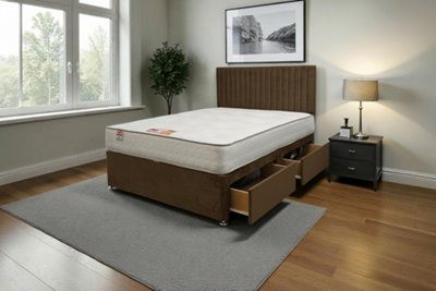 Knight Sleep Emily Mocca Plush Bed Set With Mattress, 2 Drawers Same Side & 24"Headboard - Single 3Ft