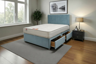 Knight Sleep Emily Sky Plush Bed Set With Mattress, 2 Drawers Same Side & 24"Headboard - King 5Ft