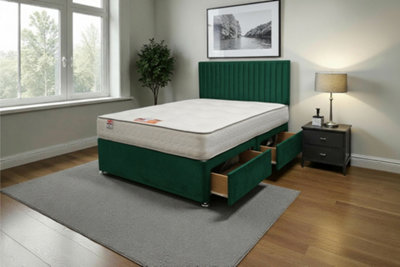 Knight Sleep Emily Emarald Plush 4Ft Bed Set With Mattress, 2 Drawers Same Side & 24"Headboard - Small Double