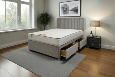 Knight Sleep Silver Emily Plush 2Ft6 Bed Set With Mattress, 2 Drawers Same Side & 24"Headboard - Single Small
