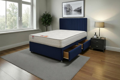Knight Sleep Emily Navy Plush Bed Set With Mattress, 2 Drawers Same Side & 24"Headboard - King 5Ft