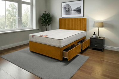 Knight Sleep Emily Mustard Plush 6Ft Bed Set With Mattress2 Drawers Same Side & 24"headboardSuper King from B&Q