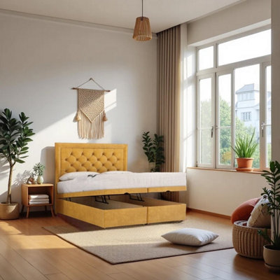 Knight Sleep Athens Ottoman Bed Mustard Plush 4Ft  With Mattress & 24"headboardSmall Double from B&Q