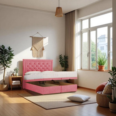 Knight Sleep Athens Ottoman Bed Pink Plush 3Ft  With Mattress & 24"headboard -Single from B&Q