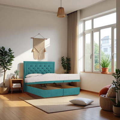 B&Q -  Athens Ottoman Bed Light Blue Plush 3Ft  With Mattress & 24"headboard -Single