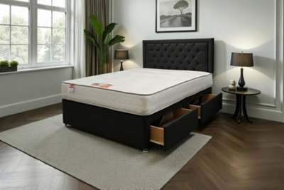 Knight Sleep Black Ellis Plush 4Ft Bed Set With Mattress, 2 Drawers Same Side & 24"Headboard - Double Small