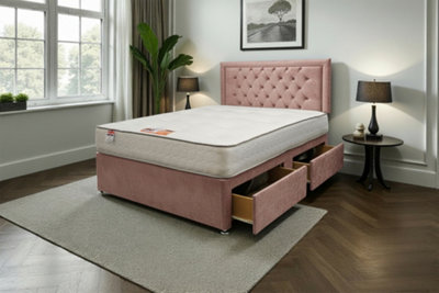 Knight Sleep Pink Ellis Plush 2Ft6 Bed Set With Mattress, 2 Drawers Same Side & 24"Headboard - Single Small