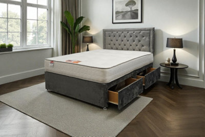 B&Q -  Ellis Grey Plush 3Ft Bed Set With Mattress2 Drawers Same Side & 24"headboardSingle