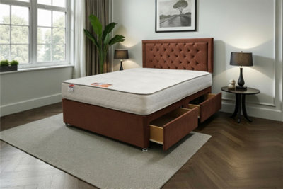 Knight Sleep Ellis Mocca Plush 3Ft Bed Set With Mattress, 2 Drawers Same Side & 24"Headboard - Single