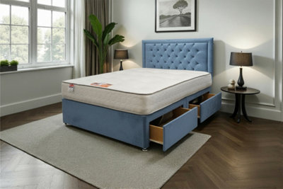 B&Q -  Ellis Light Blue Plush 4Ft6 Bed Set With Mattress2 Drawers Same Side & 24"headboardDouble