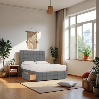 Knight Sleep Grey Munic Plush Bed Set With Mattress, 2 Drawers Same Side & 24"Headboard - King 5Ft