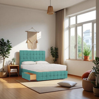 B&Q -  Munic Light Blue Plush 6Ft Bed Set With Mattress2 Drawers Same Side & 24"headboardSuper King