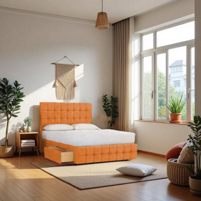 Knight Sleep Orange Munic Plush Bed Set With Mattress, 2 Drawers Same Side & 24"Headboard - King 5Ft