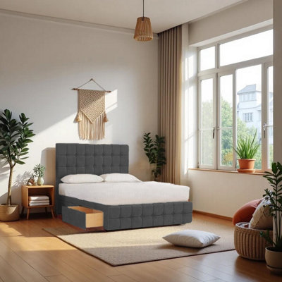 Knight Sleep Munic Charcoal Plush 2Ft6 Bed Set With Mattress, 2 Drawers Same Side & 24"Headboard - Single Small