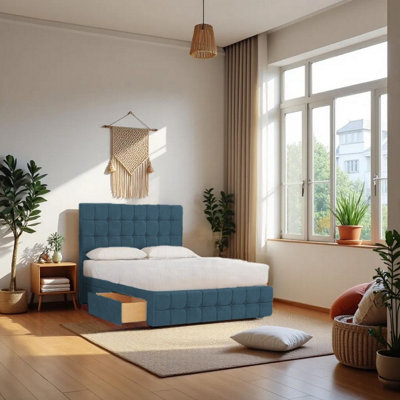 Knight Sleep Munic Navy Plush Bed Set With Mattress, 2 Drawers Same Side & 24"Headboard - King 5Ft
