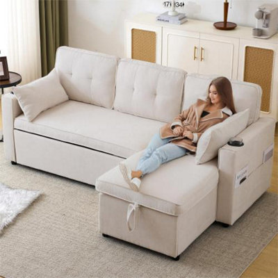 3-In-1 Convertible Sofa Bed With Internal Storage ChaiseL Shaped Sleeper Sofa Couches With Cup HoldersBeige from B&Q