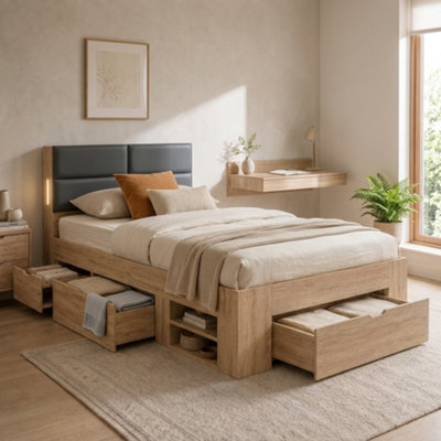 Aka Unisex Natural 3Ft Storage Bed With 3 Drawers, Shelves & Led Single - Image 3