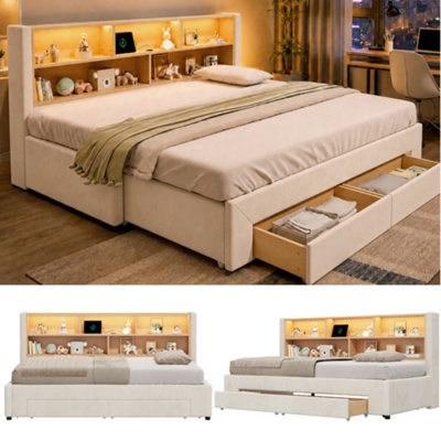 Aka Extendable Velvet Sofa Bed With Led, Storage & Drawers - Cream - Image 3