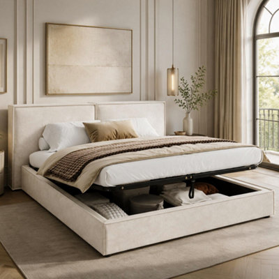 Aka Ottoman Storage Bed With Split Headboard - Cream - Image 3