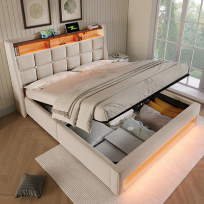 Aka Linen Storage Bed With Led, Usb-C & Headboard - Cream - Image 3
