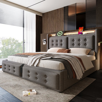 Aka Double Linen Hydraulic Storage Bed With Led & Usb-C, Grey - Grey - Image 3